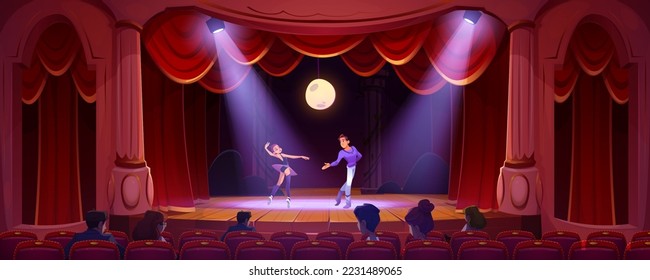 Bailarines de ballet actúan en escena teatral. Ballerina y hombre artistas llevan disfraces bailando en el escenario clásico con cortinas rojas, focos, luna y gente sentada en sillas, ilustración vectorial de dibujos animados