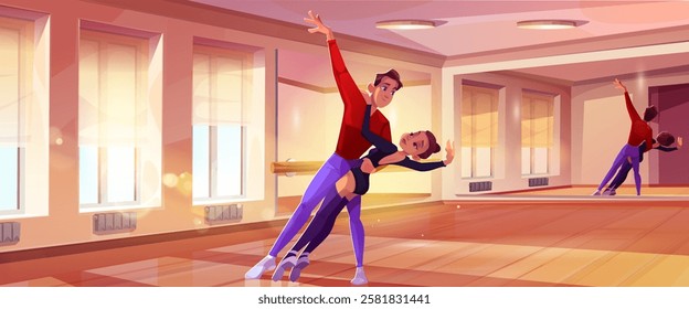 Ballet dancers practicing in sunlit studio - couple performing elegant duet. Contemporary dance rehearsal space with mirrored walls, wooden barre and polished floor. Pair on choreography training.