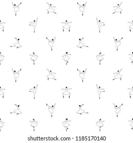 Ballet dancers seamless pattern in black and white colors. Colored page for adults. Vector line illustration