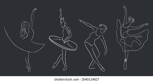 Ballet Dancers Set. Continuous Line Art. Collection of ballerinas in graceful postures, with pointe shoes and tutu. Premium Vector