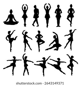 silhuetas de bailarinos. conjunto de silhuetas ballerina com várias poses de balé clássico. Silhueta preta de bailarinos em poses graciosas. Conjunto de silhuetas de bailarina.
