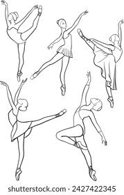 ballet dancers silhouettes, dancing ballerina set, vector outline illustration