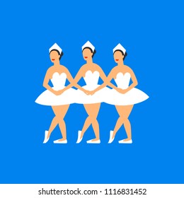 Ballet dancers. Three ballerinas dancing swan lake on a blue background. Russian ballet by Tchaikovsky Swan Lake. Flat style vector illustration.