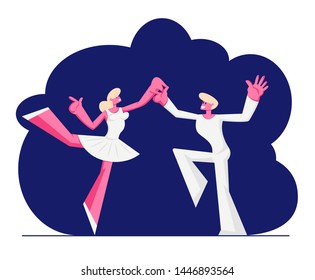 Ballet Dancers in White Clothes Dancing on Stage. Woman in Pointe Shoes and Tutu Skirt, Artist Prepare for Dance Show. Cartoon Flat Vector Illustration, Banner