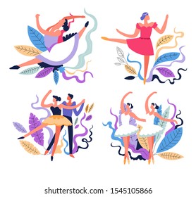 Ballet dancing, dance classes and stage performance isolated icons vector. Girl and guy partners, stretching and tricks, moves and poses. Ballerinas in tutu, man and woman, movement, sport or hobby