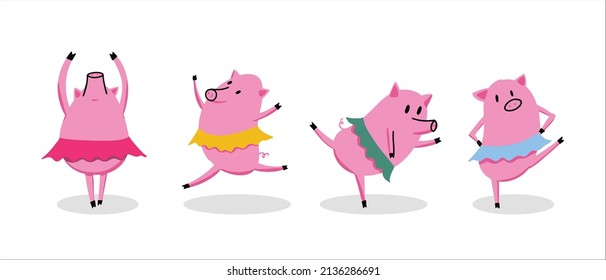 Ballet of dancing pigs in colorful skirts