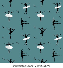 Ballet dancing. Seamless pattern with silhouettes of ballerinas on a turquoise background. Dance background. 