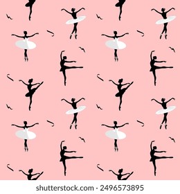 Ballet dancing. Seamless pattern with silhouettes of ballerinas on a pink background. Dance background. 