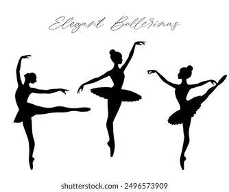 Ballet dancing. Set of ballet dancers silhouettes. Silhouettes of ballerinas on a white background. Ballerina in a tutu. 