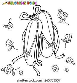 Ballet dancing shoes. Vector black and white coloring page.