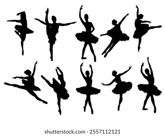 Ballet Dancing Silhouettes. Dance ballet silhouettes. Dancer woman people. Female ballerina recital silhouette. Set of dance ballet silhouette illustrations. Female ballet dancing.
