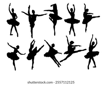 Ballet Dancing Silhouettes. Dance ballet silhouettes. Dancer woman people. Female ballerina recital silhouette. Set of dance ballet silhouette illustrations. Female ballet dancing.
