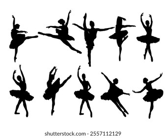 Ballet Dancing Silhouettes. Dance ballet silhouettes. Dancer woman people. Female ballerina recital silhouette. Set of dance ballet silhouette illustrations. Female ballet dancing.
