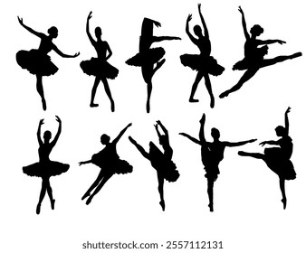 Ballet Dancing Silhouettes. Dance ballet silhouettes. Dancer woman people. Female ballerina recital silhouette. Set of dance ballet silhouette illustrations. Female ballet dancing.
