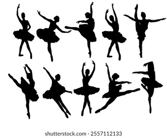 Ballet Dancing Silhouettes. Dance ballet silhouettes. Dancer woman people. Female ballerina recital silhouette. Set of dance ballet silhouette illustrations. Female ballet dancing.
