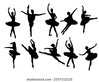 Ballet Dancing Silhouettes. Dance ballet silhouettes. Dancer woman people. Female ballerina recital silhouette. Set of dance ballet silhouette illustrations. Female ballet dancing.
