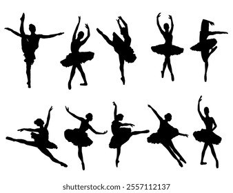 Ballet Dancing Silhouettes. Dance ballet silhouettes. Dancer woman people. Female ballerina recital silhouette. Set of dance ballet silhouette illustrations. Female ballet dancing.
