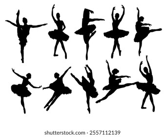 Ballet Dancing Silhouettes. Dance ballet silhouettes. Dancer woman people. Female ballerina recital silhouette. Set of dance ballet silhouette illustrations. Female ballet dancing.
