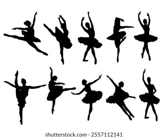 Ballet Dancing Silhouettes. Dance ballet silhouettes. Dancer woman people. Female ballerina recital silhouette. Set of dance ballet silhouette illustrations. Female ballet dancing.
