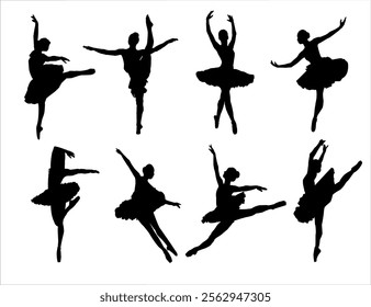 Ballet Dancing Silhouettes. Dance ballet silhouettes. Dancer woman people. Female ballerina recital silhouette. Set of dance ballet silhouette illustrations. Female ballet dancing.