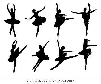 Ballet Dancing Silhouettes. Dance ballet silhouettes. Dancer woman people. Female ballerina recital silhouette. Set of dance ballet silhouette illustrations. Female ballet dancing.