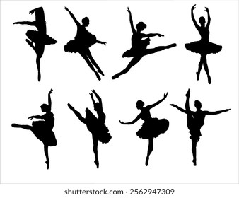 Ballet Dancing Silhouettes. Dance ballet silhouettes. Dancer woman people. Female ballerina recital silhouette. Set of dance ballet silhouette illustrations. Female ballet dancing.