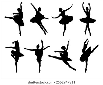 Ballet Dancing Silhouettes. Dance ballet silhouettes. Dancer woman people. Female ballerina recital silhouette. Set of dance ballet silhouette illustrations. Female ballet dancing.