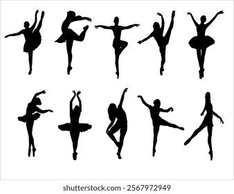 Ballet Dancing Silhouettes. Dance ballet silhouettes. Dancer woman people. Female ballerina recital silhouette. Set of dance ballet silhouette illustrations. Female ballet dancing