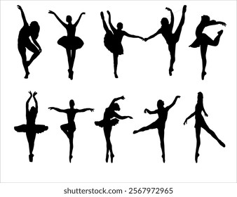 Ballet Dancing Silhouettes. Dance ballet silhouettes. Dancer woman people. Female ballerina recital silhouette. Set of dance ballet silhouette illustrations. Female ballet dancing