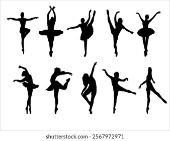 Ballet Dancing Silhouettes. Dance ballet silhouettes. Dancer woman people. Female ballerina recital silhouette. Set of dance ballet silhouette illustrations. Female ballet dancing