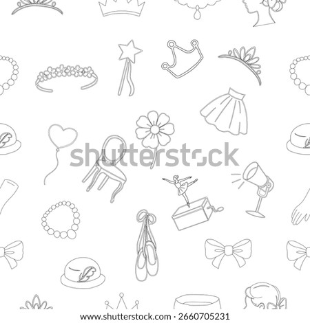 Ballet Dancing silhouttes. Dance ballet silhouettes. Dancer woman people. Set of ballerina props seamless pattern. Ballerina Girl Accessories and Dance Elements Line Icons Set. Set of Ballerina Props