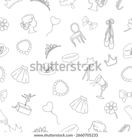 Ballet Dancing silhouttes. Dance ballet silhouettes. Dancer woman people. Set of ballerina props seamless pattern. Ballerina Girl Accessories and Dance Elements Line Icons Set. Set of Ballerina Props