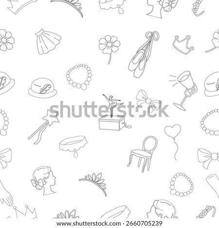 Ballet Dancing silhouttes. Dance ballet silhouettes. Dancer woman people. Set of ballerina props seamless pattern. Ballerina Girl Accessories and Dance Elements Line Icons Set. Set of Ballerina Props