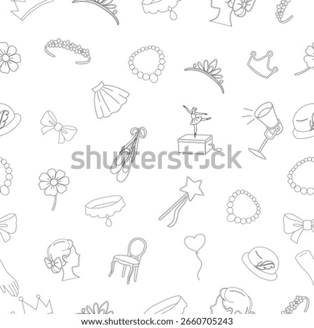 Ballet Dancing silhouttes. Dance ballet silhouettes. Dancer woman people. Set of ballerina props seamless pattern. Ballerina Girl Accessories and Dance Elements Line Icons Set. Set of Ballerina Props