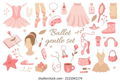 El ballet es un delicado conjunto de elementos femeninos en tonos rosas. Artículos cortos que apuntan zapatos, tutu, perfume, libro, vela, botas, teléfono, auriculares, café. Colección de vectores para diseño o decoración