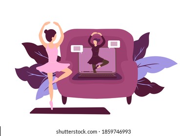 Ballet distant education flat vector. Woman ballerina on online practice with girl dancer. At home dance course by internet connection in covid-19 lockdown, isolation