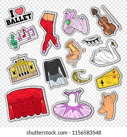 Ballet Doodle with Dance Theater Stickers, Patches and Badges. Vector illustration