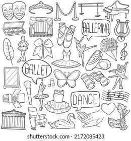 Iconos de doodle de ballet. Diseño de símbolo de Logotipo Hand Made Line Art. Ballerina Clipart.