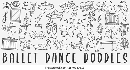 Ballet Doodle Icons. Hand Made Line Art. Ballerina Clipart Logotype Symbol Design.