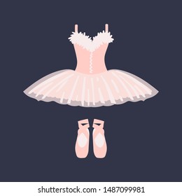 Ballet dress and pointe shoes on a dark background. Vector illustration.