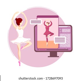 Ballet education online vector. Woman ballerina teaches girl dancer at distant dance course via internet connection. Lesson, master class in covid-19 lockdown