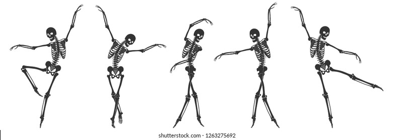 Ballet. Five dancing black silhouettes of skeletons isolated on a white background. Vector illustration