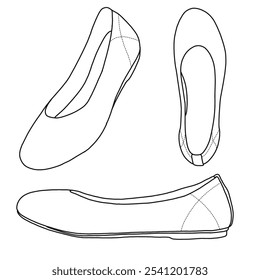 Balé feminino de malha plana sapatos de vestido redondo Toe Slip On bailarina caminhando Flats Line arte, esboço técnico mão desenho esboço vetor doodle ilustração vários vista isolada no fundo branco