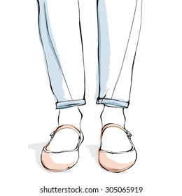 Ballet flat shoes. Hand drawn fashion illustration isolated on white background. Vector pastel ballerina shoes.