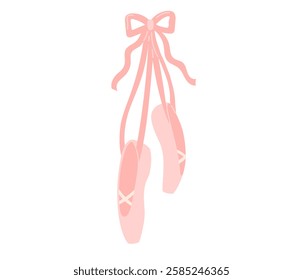 Ballet flats female pink pointe shoes on silk ribbon with bow icon. Ballerina accessory. Theatre Day stickers. Flat Vector illustration isolated on white background