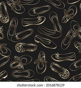Ballet flats seamless pattern in gold and black. Dance shoes background