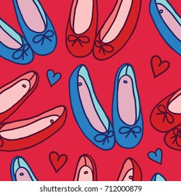 Ballet flats seamless pattern. Red and blue shoes with bow fashion background.