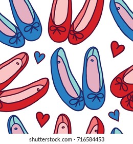 Ballet flats seamless pattern. Red and blue shoes with bow fashion background.
