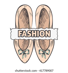 Ballet flats vector. Fashion illustration of girl shoes and banner Fashion. Vintage ballet shoes vector. Hand drawn ballet flats isolated on white. Fashion illustration vector.