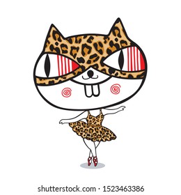 Ballet funny cartoon cat monster leopard pattern dress, isolated on white background.
